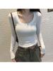 Autumn U-neck Long-sleeve Waist-cinching Sexy Slim Fit Versatile Solid Color Top