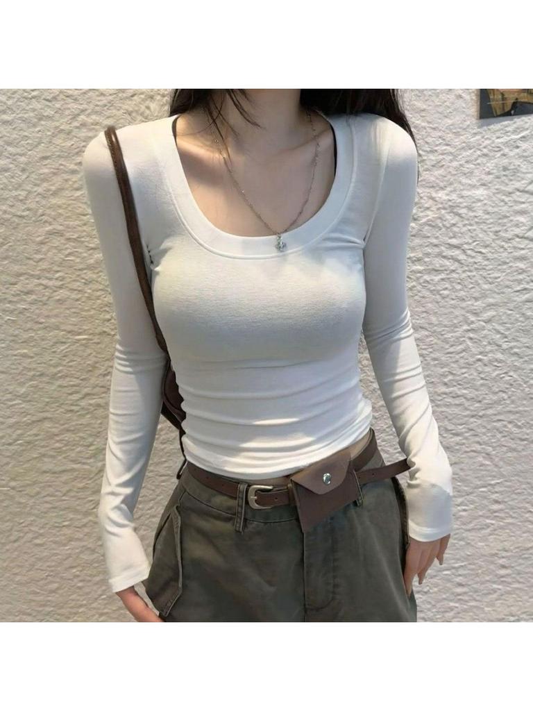Autumn U-neck Long-sleeve Waist-cinching Sexy Slim Fit Versatile Solid Color Top