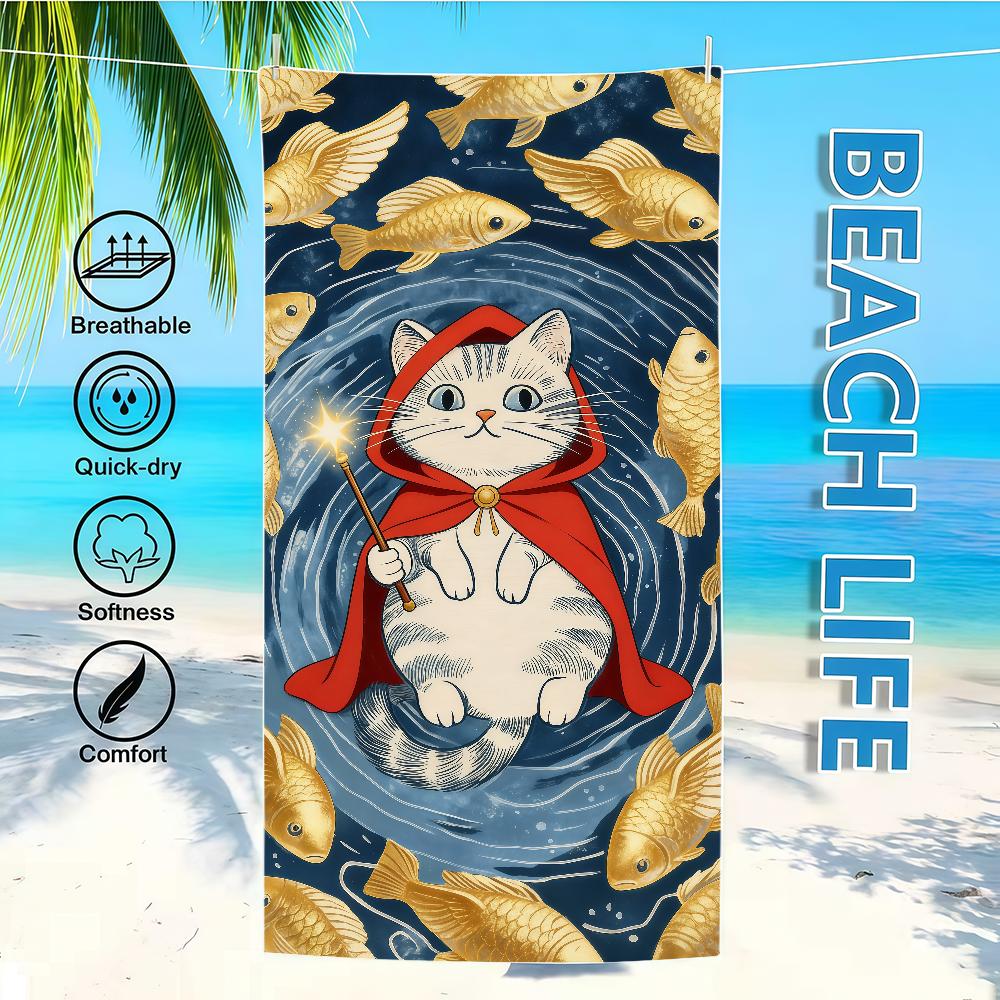 Fish Towel Textile Bathrobe Beach Pattern Quick-Drying Funny Cat Lightweight Portable Retro Camping Swim Pool Travel