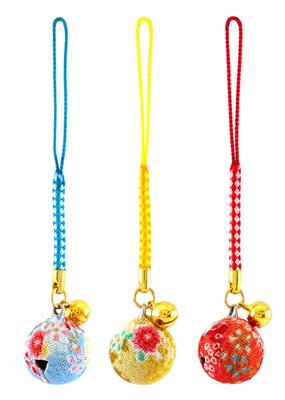 [Zune] Blume Chirimen Glocke (20 mm Durchmesser, 8 mm Durchmesser) Japanischer Chirimen Netsuke Anhänger Schlüsselanhänger Mittlere Glocke (3er Set (Weißes Indigo, Senf,