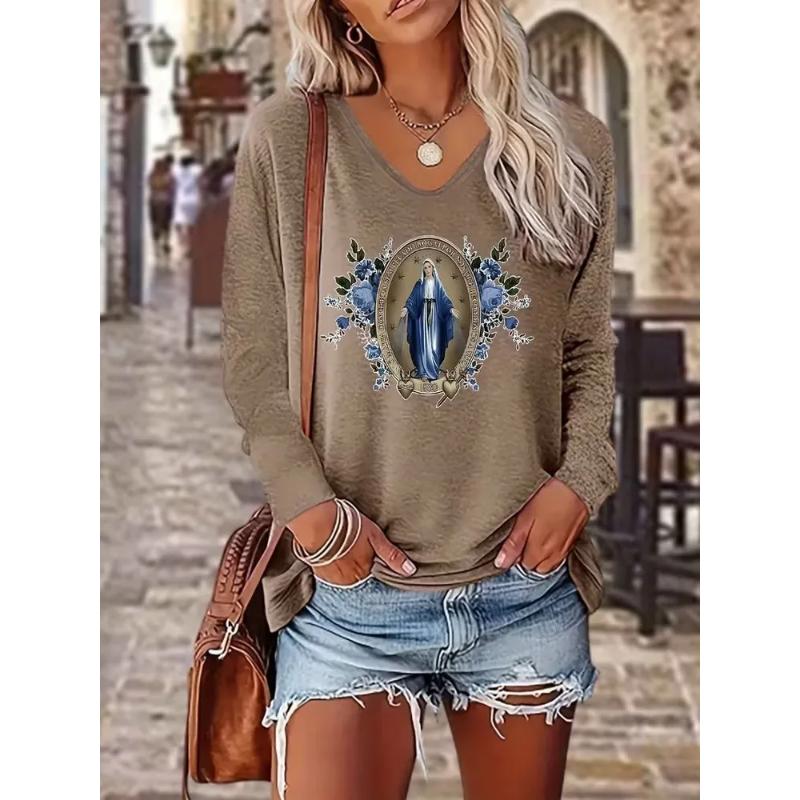 Modisches Damen V-Ausschnitt Langarm 3D Lässiges Farbprint Lässiges Langarm V-Ausschnitt T-Shirt