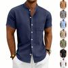 Men's Casual Vintage Stand Collar Short Sleeve Button Down Shirt with Chest Pocket Lightweight Relaxed Fit Top