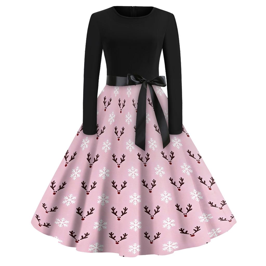 Women's Casual Christmas Print Dress with Neck, Vintage Holiday Dress