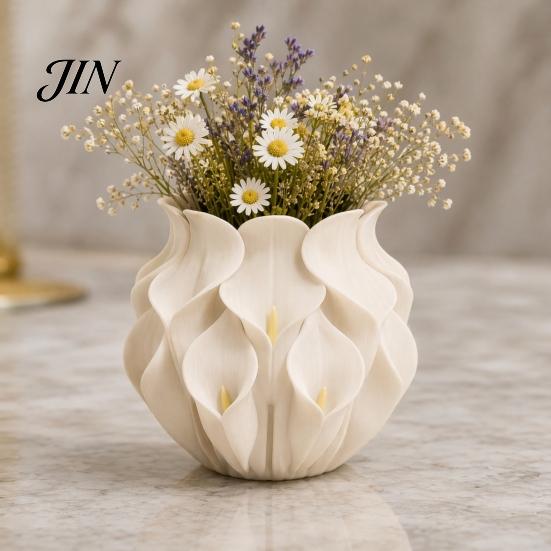 Konservierte Blume Behälter 3D Gedruckte Calla Lilie Relief Vase, Mini Dekorationsvase für Trockenblumen, Minimalistische Matte Weiche Textur Weiß Schreibtisch