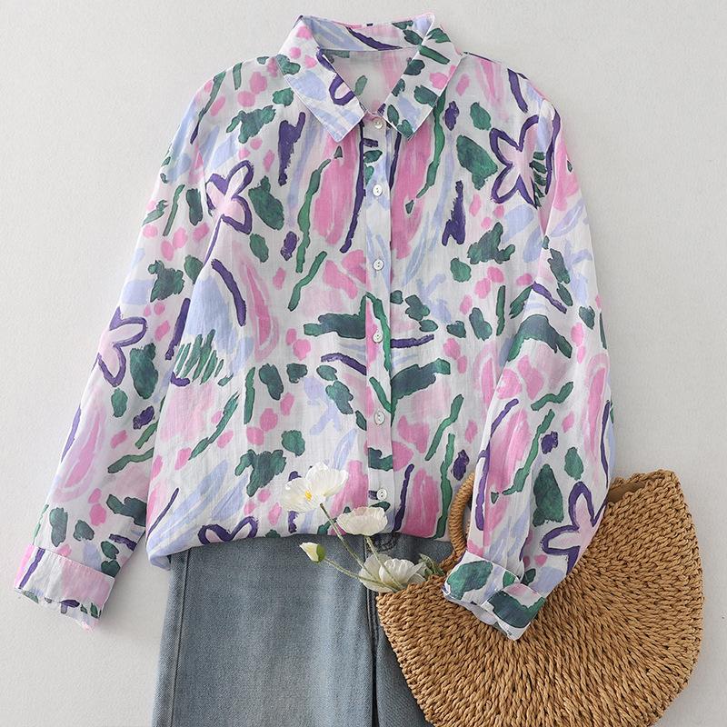 

Женская розовая рубашка с длинными рукавами из хлопка и льна с принтом «жатый», осенняя свободная повседневная блузка в французском литературном стиле XXL фиолетовый