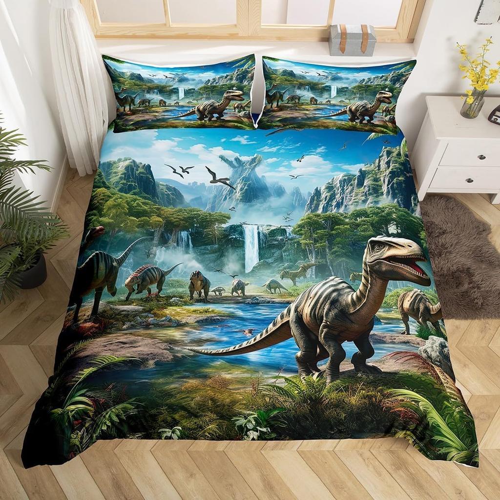 Kids Dinosaur Duvet Cover Twin Queen Bedding Set for Boys Teen Cartoon Jungle Dino Comforter Cover,3D Ancient Animal Quilt Cover