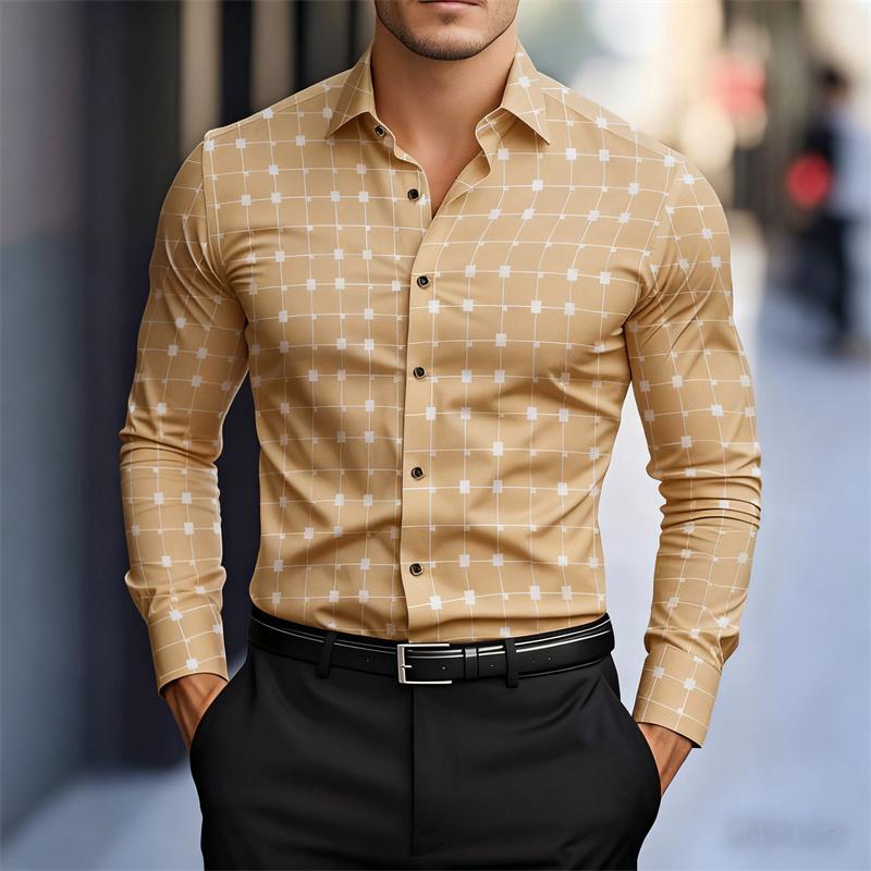 Men's Stylish Geometric Square Print Long-sleeved Shirt, Slim Fit Business Casual Shirt