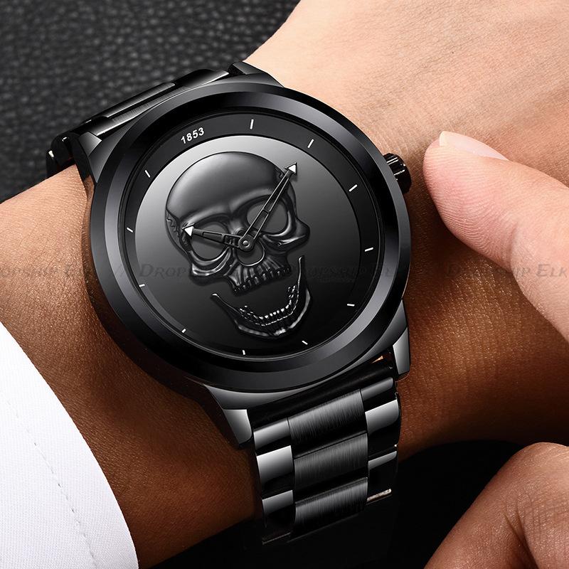 Men's Quartz Watch, Black and Gold Dial, 3D Skull Head Pattern, Stainless Steel, Steampunk Rock Engraved, Men's Watch