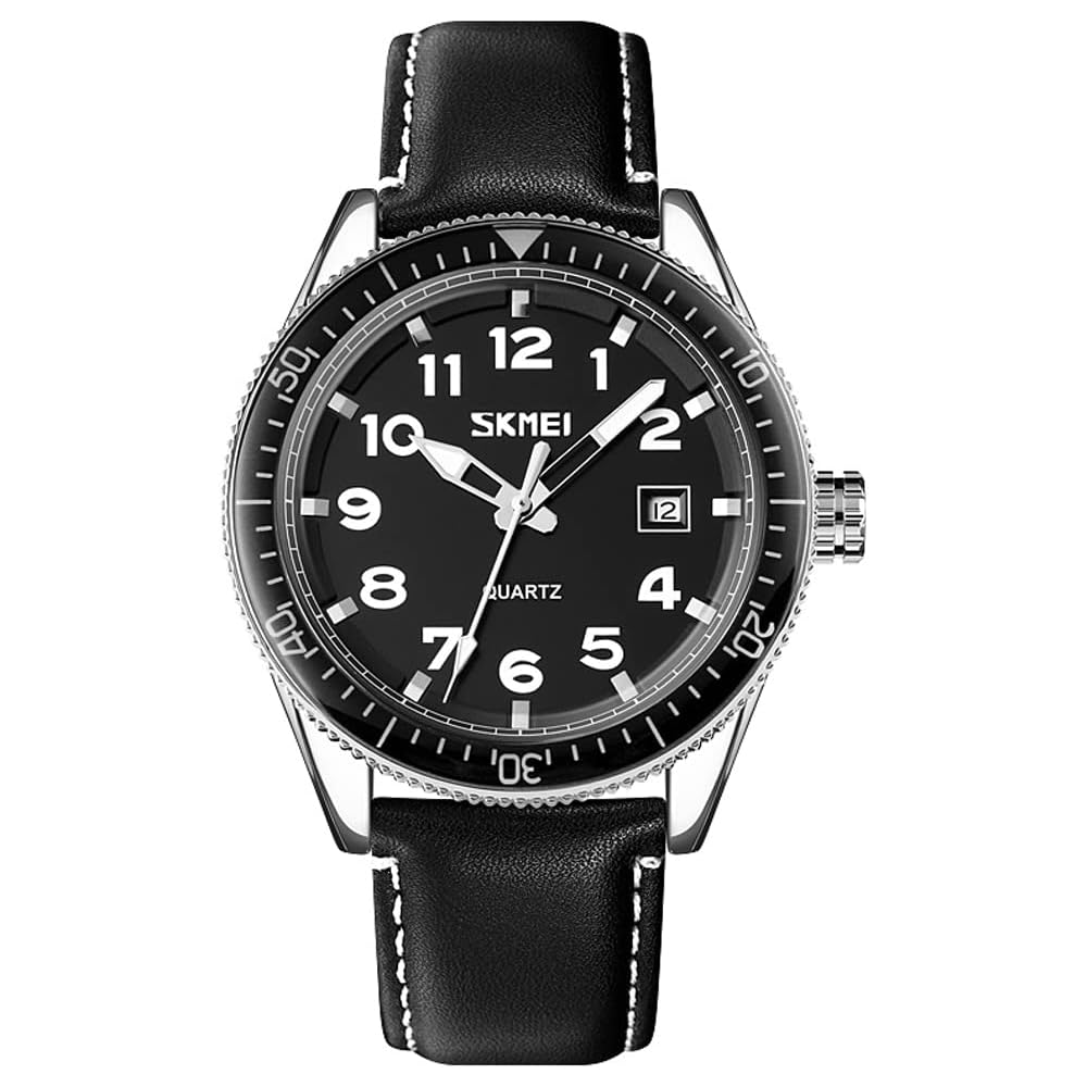 SKMEI Men s Big Face Analog Watch Black Leather Strap Waterproof Casual Business Luminous Arabic Numbers Date Display