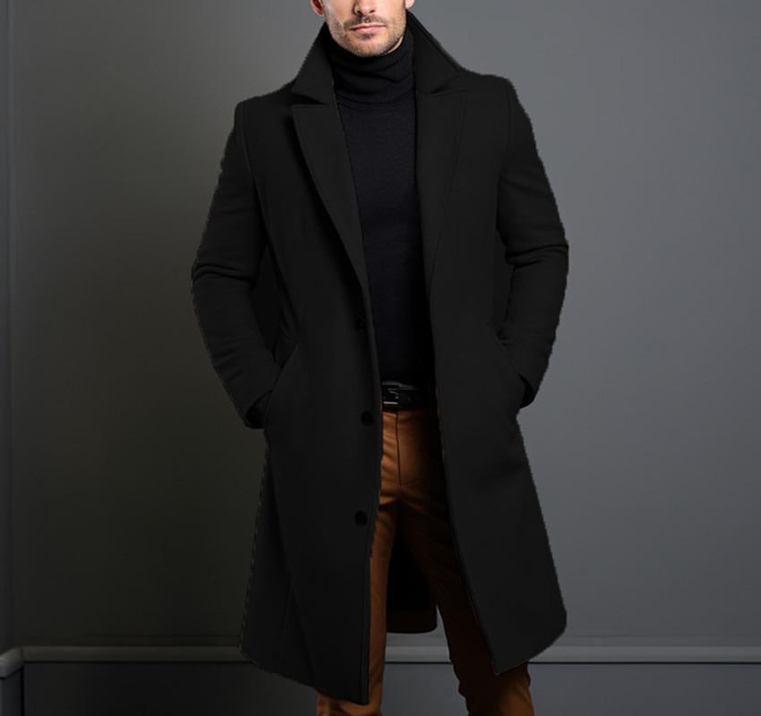 Men's Mid-Length Solid Color Woolen Coat - Warm Autumn/Winter Jacket