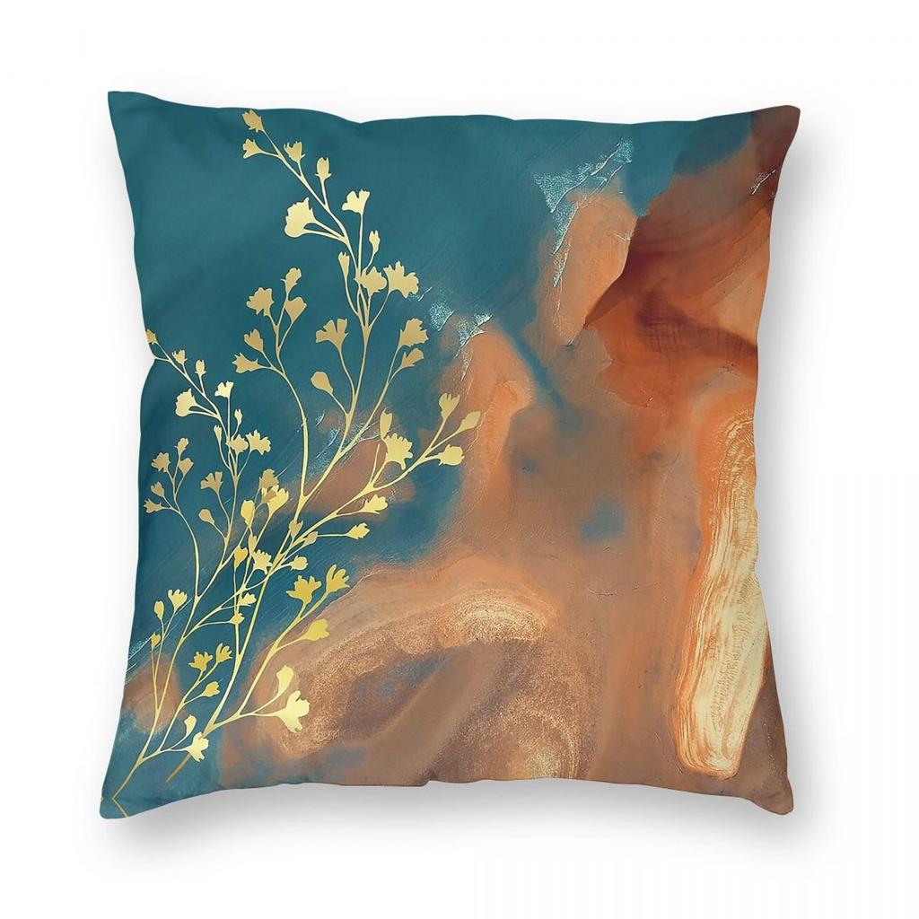 Türkis Orange Mit Goldblumen Quadratische Kissenhülle Polyester Leinen Samt Bedruckt Reißverschluss Dekor Kissenhülle Bettkissenbezug Großhandel