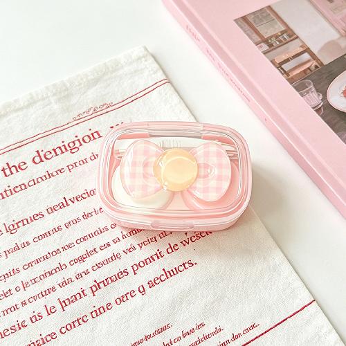 Kawaii Checkered Bow Decor Contact Lens Holder Multicolor Mini Portable Daily Lens Care Case