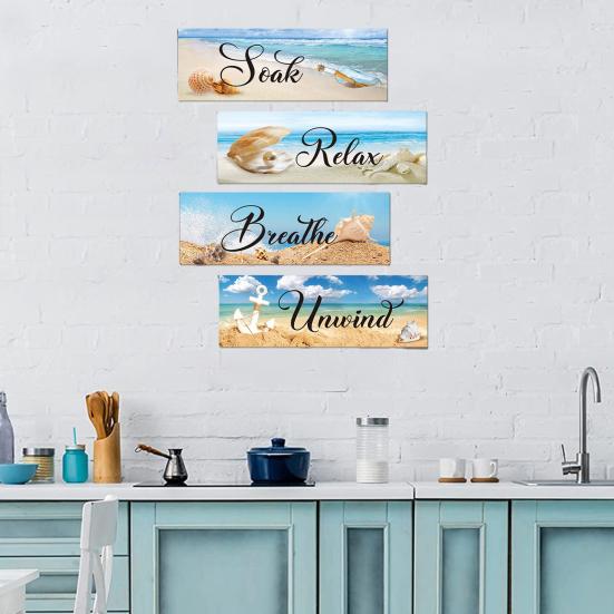 

4 шт./компл., настенный знак «Океан, пляж», «Расслабьтесь», «Отдохните», «Дышите», «Синее лето», «Морская ракушка», «Морская звезда», деревянная настенная живопись, подвесное украшение для ванной комнаты