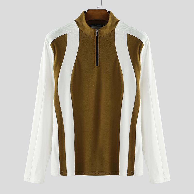 INCERUN Men Mockneck Long Sleeve Patchwork Zipper Casual Fitted Pullover Tops