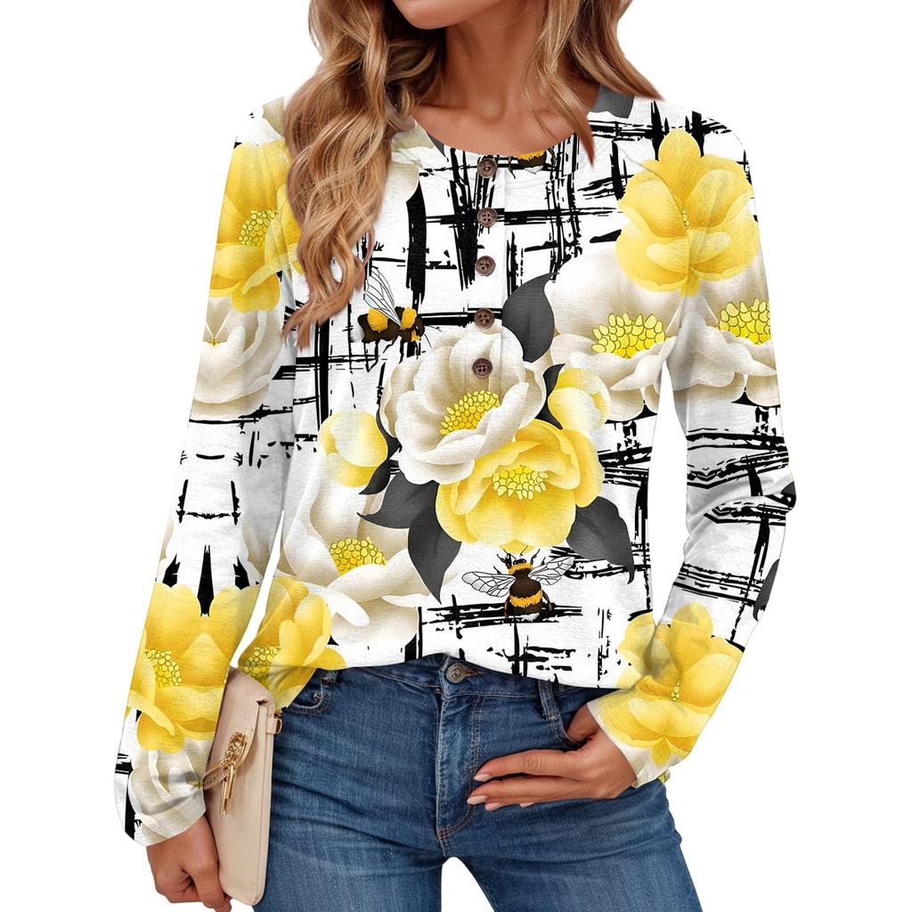 Top de manga larga con cuello redondo y estampado floral vintage de moda para mujer