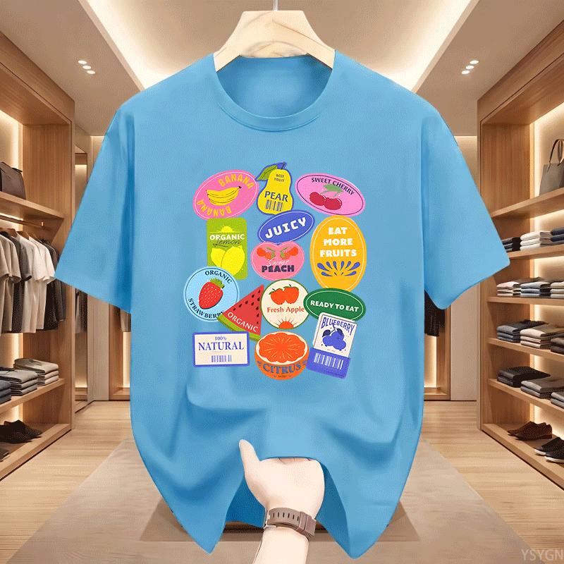 Summer Unisexs Fruit Stickers Graphic Print Tshirt Streetwear Oversized Loose Casual Short Sleeve Suitable For All Seasons Tops