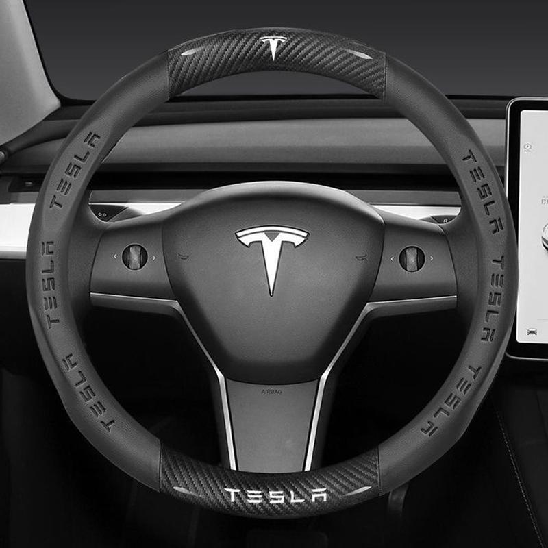 For Tesla Model 3 Model Y Model S Model X Roadster Carbon Fiber Suede Leather Anti-slip Car Steering Wheel Cover Accessories