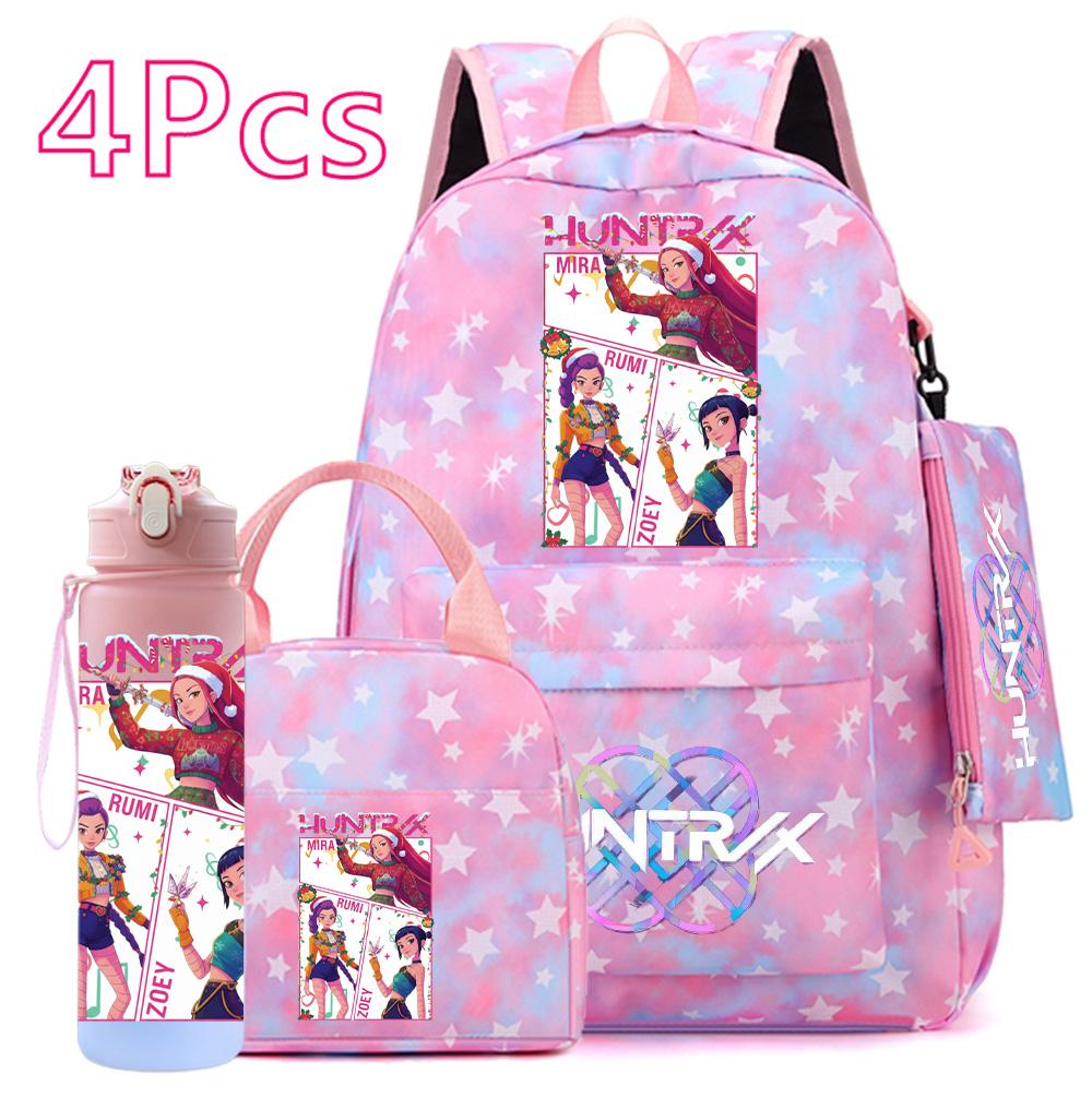 4 st/set Jul K-POP Tryckt Ryggsäck Handväska Pennskrin 750 ml Vattenflaska för Tonåring Pojke Flicka Bokväska Skolväska Med Drickmugg Barnpresent