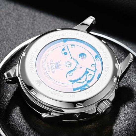OLEVS watch men mechanical automatic winding moon phase stylish skeleton waterproof popular luminous white