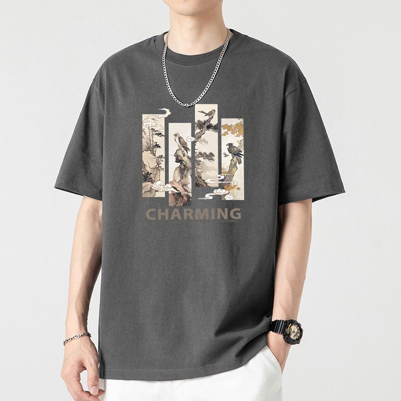 

Хлопковая футболка с коротким рукавом Мужская Летняя Модная с принтом Футболка с круглым вырезом Свободная Модная Дышащая 3XL