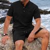 Men's Plus Size Waffle Henley Shirt & Shorts Set - Solid Color, Breathable, Casual.