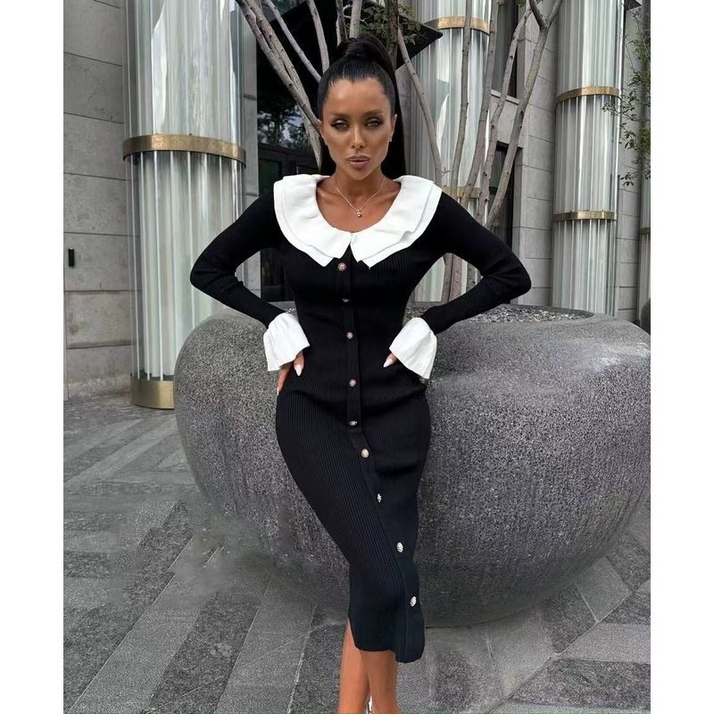 

Европейская и американская новая мода вязаное платье контрастного цвета с оборками на воротнике и длинными рукавами, вязаное платье с вставками Black M