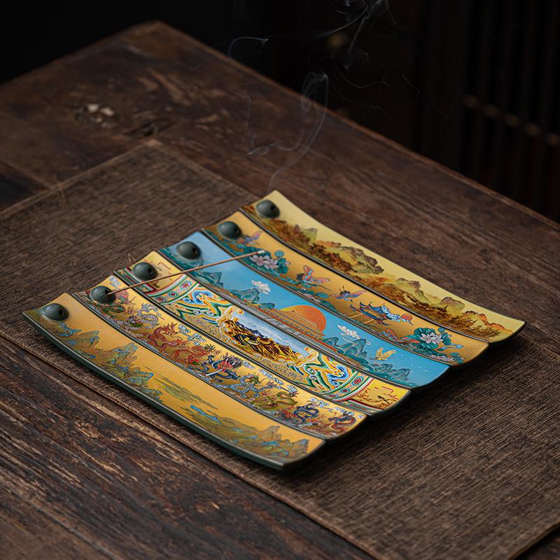 Guochao Antique-Style Ceramic Enamel Incense Holder Ornament for Home Cloisonné Sandalwood Incense Ceremony.