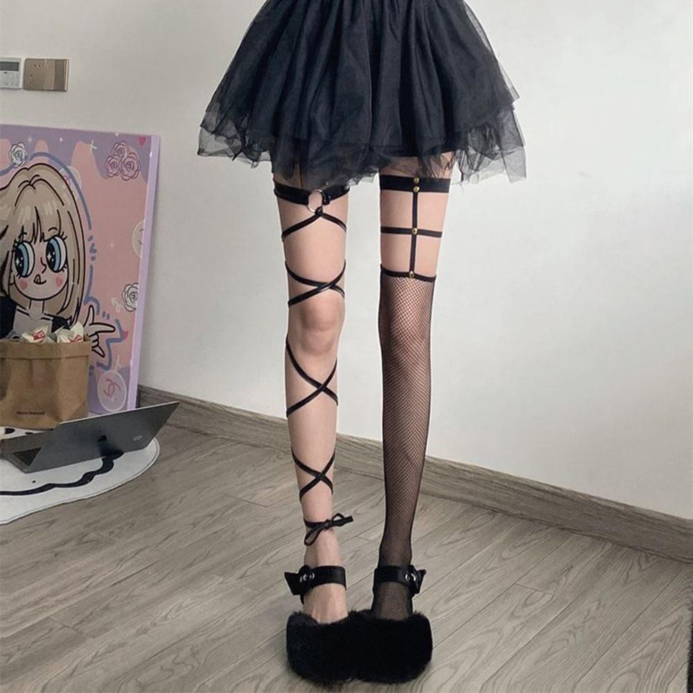 

Women Rivet Stockings Leg Ring Knee-High Socks Fishnet Bandage Design Sexy Slimming For Y2K Punk/Lolita Style Tights Stockings One Size