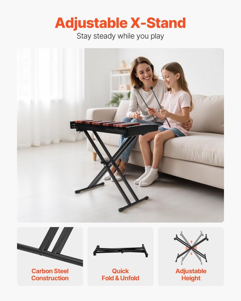 Glockenspiel Xylophone, 32 Notes, Wooden Professional Xylophone Percussion Instrument, with Height Adjustable Stand, 4 Mallets, Carrying Bag, Beginner
