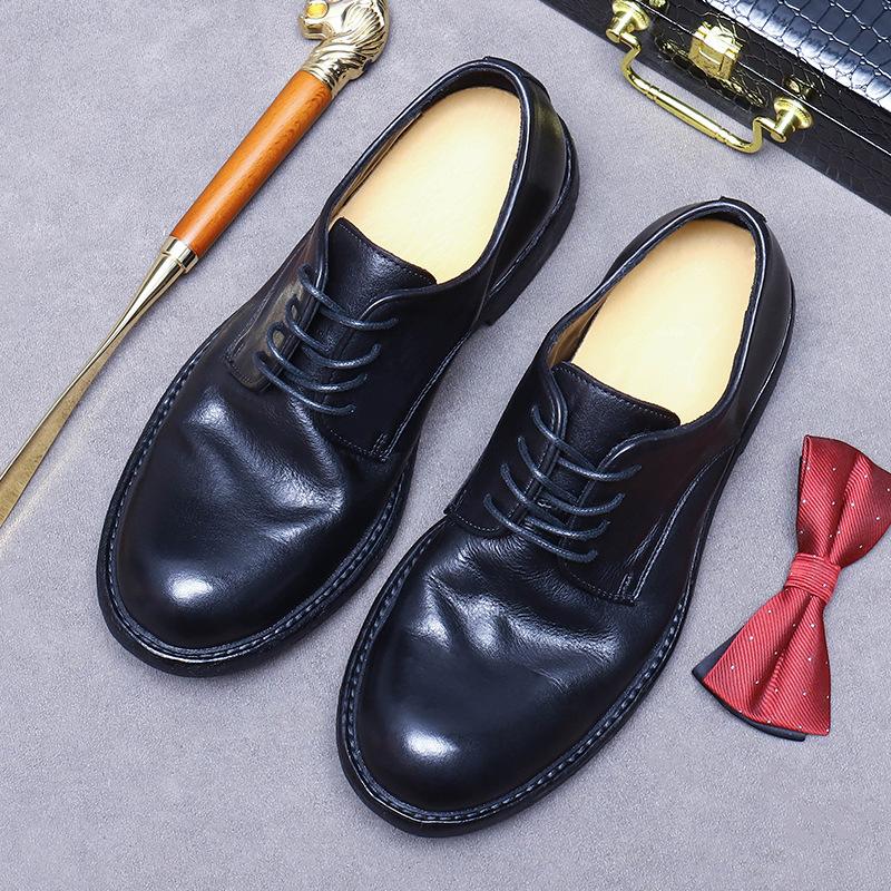 

Fashion New Genuine Leather Handmade Goodyear Light Luxury Big Head Leather Shoes Genuine Leather Sole Round Head British Cowhide Shoes 6.5