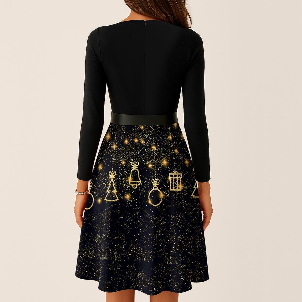Damen Casual Fashion Langarm Weihnachten Grafik Bedruckte Vintage Lange Kleider