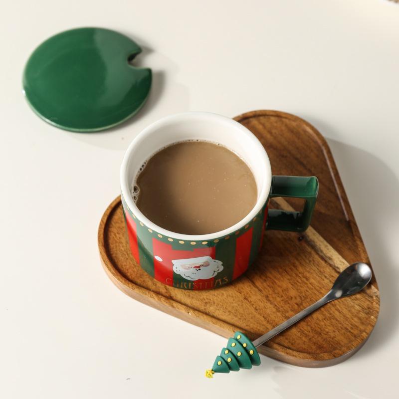 Cute Elk Christmas Ceramic Mug Set with Lid & Spoon - Perfect Holiday Gift