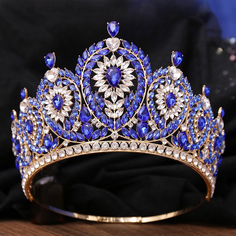 Luxury Royal Queen Green Wedding Crown Rhinestone Big Tiara Party Show Hair Jewelry for Pageant High Diadem Bridal Gifts