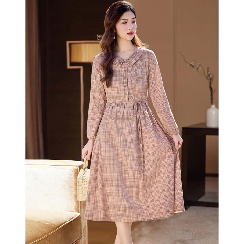 D.F.DEAR Women's 2026 Summer Plaid Peter Pan Collar Tie-Waist Long-Sleeve Dress