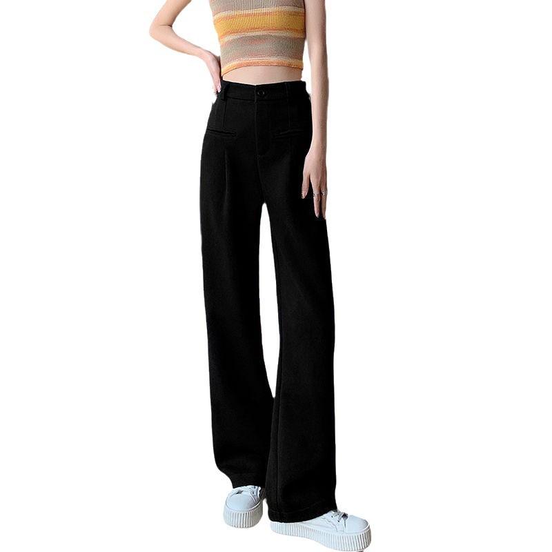 High-End Wide-Leg Knit Pants: Faux Pocket, Slimming, High Waist, Petite Fit for Women - Perfect for Autumn and Spring