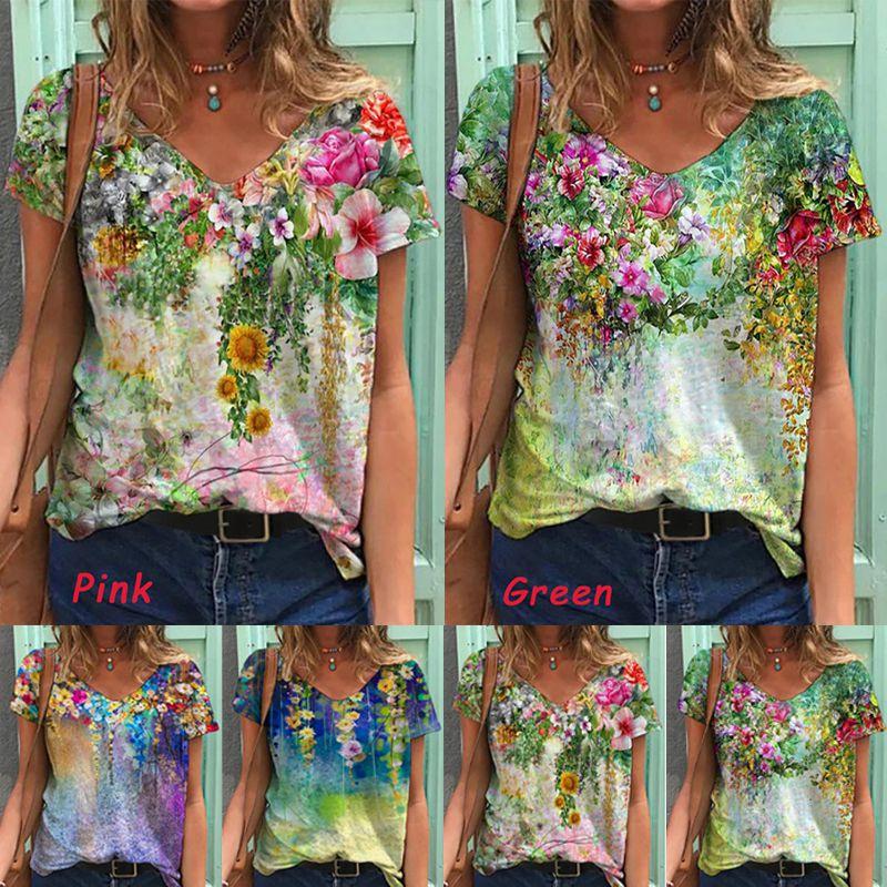 Comfortable Womens V Neck Short Sleeve Blouse Casual Floral Print T-shirt Tunic Tops