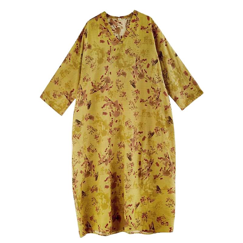 Colorful V-neck Retro Long Skirt Cotton Linen Dress