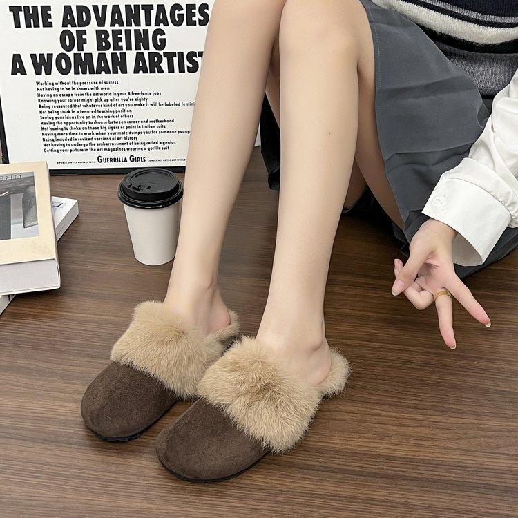 2025 Autumn and Winter New Outer Wear Bag Head Fluffy Slippers Women's Round Head Flat Bottom Half Slippers Plush Fluffy Women's Shoes