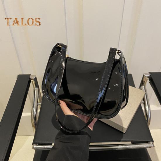 Retro Glossy Shoulder Bag Ladies Solid Color Faux Leather Underarm Bag Casual Hobo Purse Waterproof Handbag for Daily Life Travel Parties