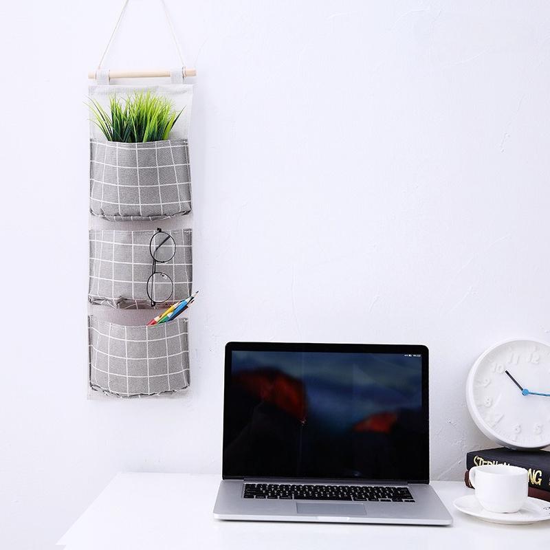 Plaid Cotton Linen Hanging Storage Bag 3 Pocket Door Organizer Wall Mount Pouch for Bedroom Bathroom Storage Holder