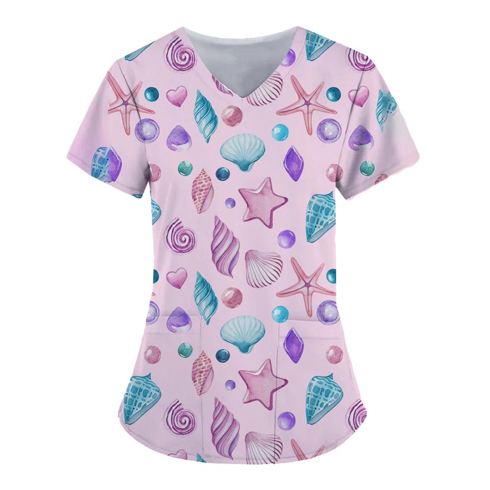 Marine life patterns Healthcare Uniform Nurse Clinic Nursing Workwear Hospital T-shirt Fashion Short Sleeve Blouse Women Medical
