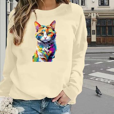 Tops For Women Colour Simple Kitten Print Round Neck Long Sleeve T-shirt Fall Casual Slim Pullover Women's Long Sleeve Top