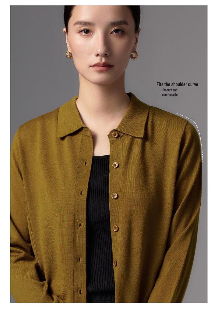 Women's High-End 48s Yangzi Fine Wool Cardigan, Solid Color, POLO Lapel Knit Jacket, Casual Spring/Autumn Style.