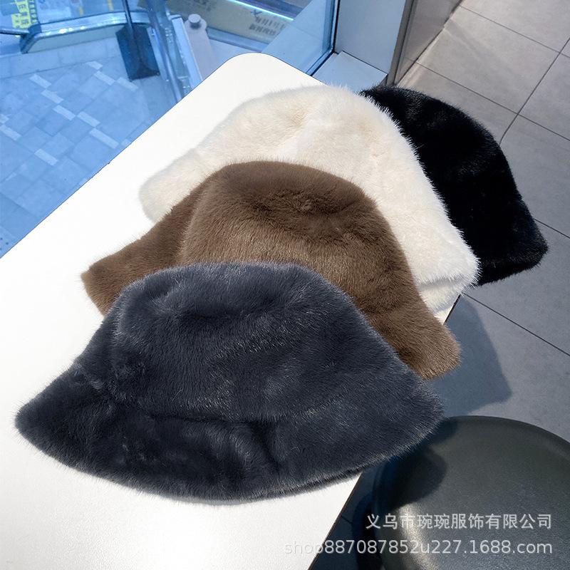 Autumn and winter new solid color bucket hat women's fashion show small face warm fluffy basin hat simple imitation mink bucket hat