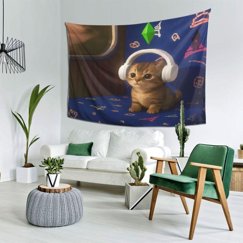 Wall Tapestry Healing Game Earphones Cat Tapestry Pixel Wind Simulated Life Elements Printed Print Tapestry Hanging