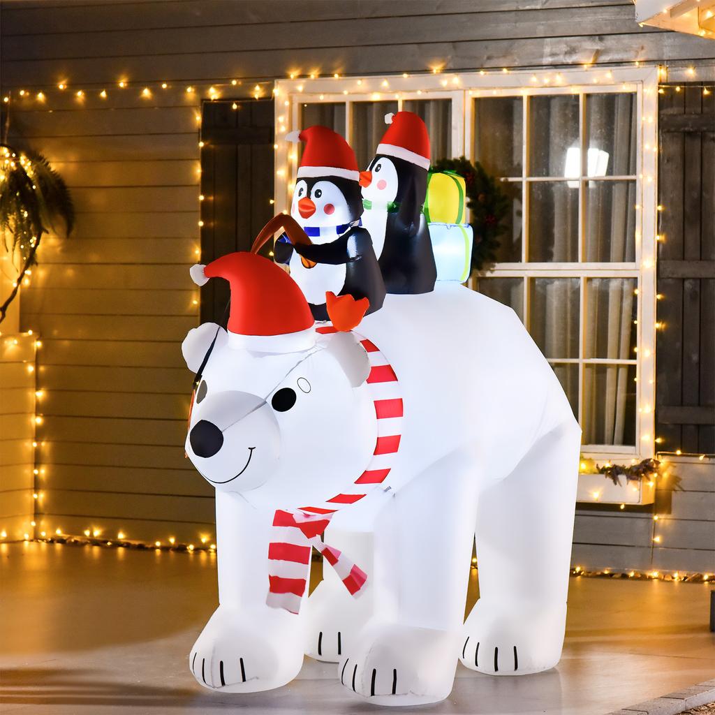 Inflatable Christmas Polar Bear with LED Lights, 206cm Waterproof Inflatable Christmas Decoration with 2 Penguins