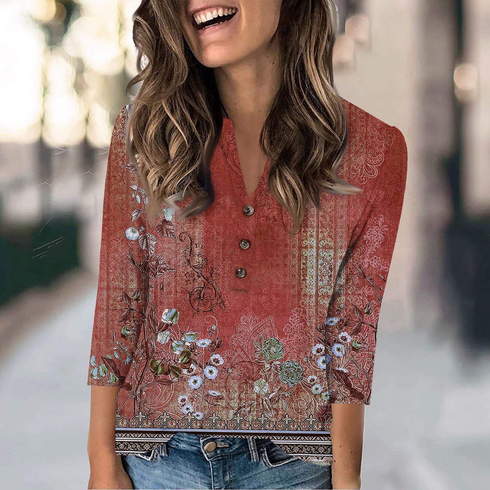 

Женская модная повседневная футболка в стиле ретро с градиентным принтом, V-образным вырезом и рукавом семь четвертей на пуговицах S винный