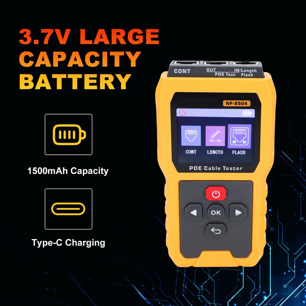 PoE Cable Tester, 2.4  Screen Ethernet Cable Tester with Port Flash, Cable Length Measurement, Continuity Test, Power