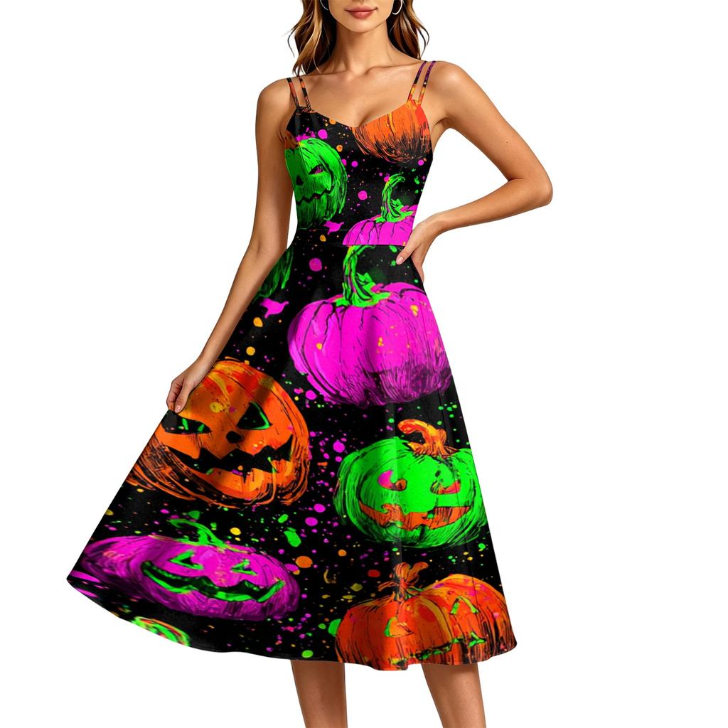 Women's Casual Round Neck Sleeveless Dress with Halloween Print for Party and Daily Wear