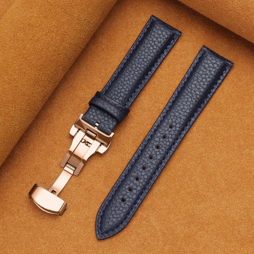 12/14/16/18/19/20/22mm Kalvskinnsklockarmband Litchimönstrad Rem Äkta Läder Armbandsurrem Fjärilsspänne Klocktillbehör